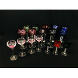 EIGHT BOHEMIAN HOCK / LONG STEMMED WINE GOBLETS (PINK GLASS HAS RIM CHIP) + A FURTHER 2 LARGER +