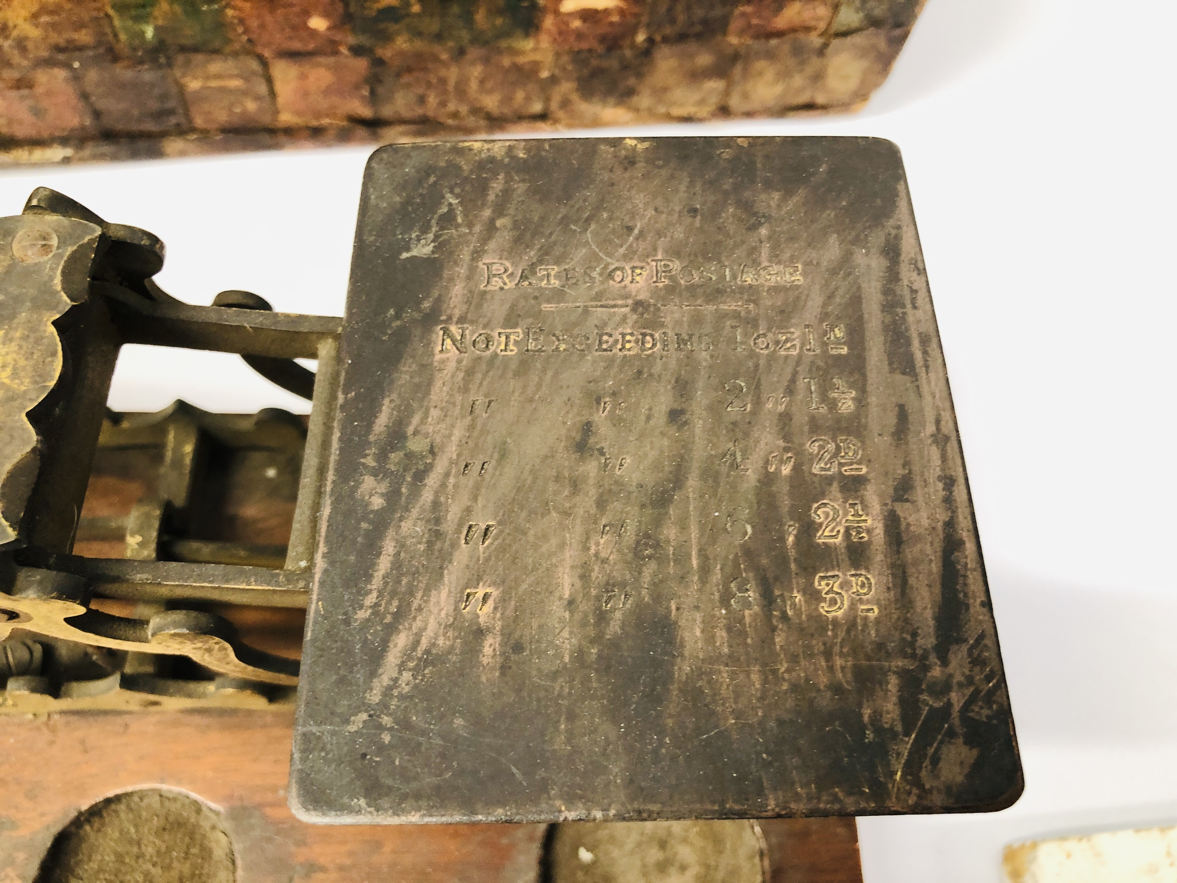 WOODEN BOX COVERED IN POSTAGE STAMPS, VINTAGE BRASS SCALES, BRASS BOUND BRANDY BARREL, - Image 8 of 13