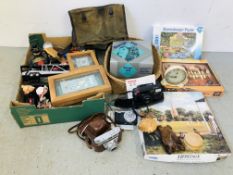 A BOX OF COLLECTIBLES TO INCLUDE WOODEN TURTLE, FROG STUDY, CAMERA'S, SHELLS,