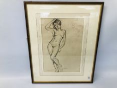 FRAMED CHARCOAL OF A STANDING NUDE LADY H 41.5CM X W 28.5CM.