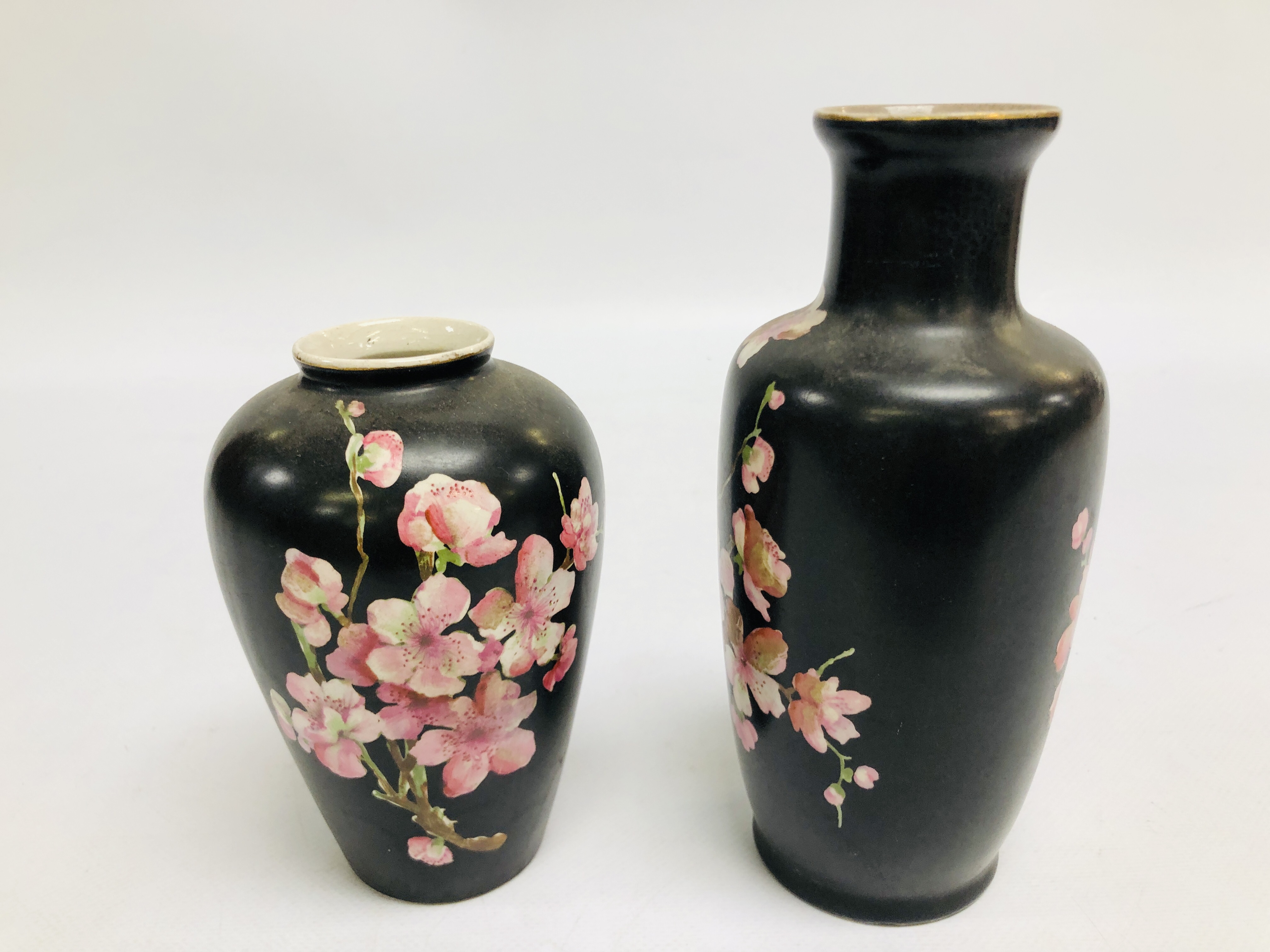 TWO SIMILAR STAFFORDSHIRE VASES DECORATED ON A BLACK GROUND WITH PRUNUS BLOSSOM, c. 1900. - Image 3 of 8