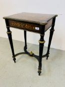 A C19TH CONTINENTAL MARQUETRY, EBONISED AND GILT METAL LIFT-TOP SIDE TABLE,