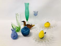 CLEAR GLASS WHITEFRIARS STYLE VASE, 2 ART GLASS VASES, GLASS FRUIT AND 2 DARLINGTON CRYSTAL BOWLS,