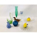 CLEAR GLASS WHITEFRIARS STYLE VASE, 2 ART GLASS VASES, GLASS FRUIT AND 2 DARLINGTON CRYSTAL BOWLS,