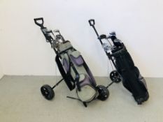 2 X GOLF BAGS AND TROLLEYS COMPLETE WITH VARIOUS CLUBS.