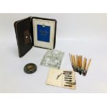 CALLIGRAPHY PENS, NIBS, INK STAND AND STAMP SPONGE.