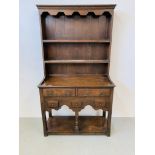 A SMALL OAK COTTAGE DRESSER W 92CM, D 37CM, H 161CM.