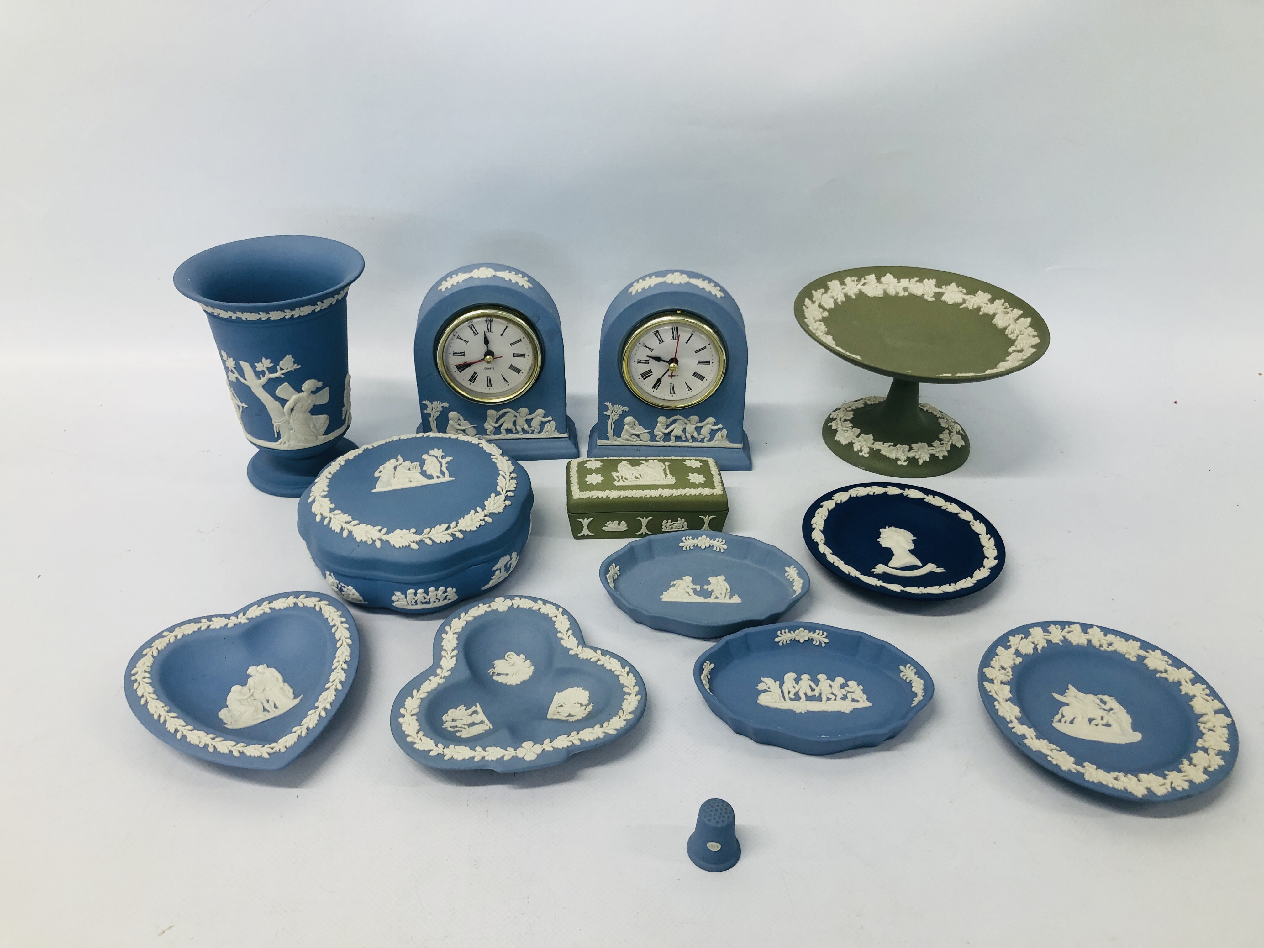 COLLECTION OF GREEN AND BLUE JASPERWARE AND WEDGWOOD.