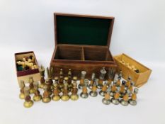 3 BOXES CONTAINING VARIOUS CHESS PIECES TO INCLUDE STAUNTON, BRASS WEIGHTED, ETC.