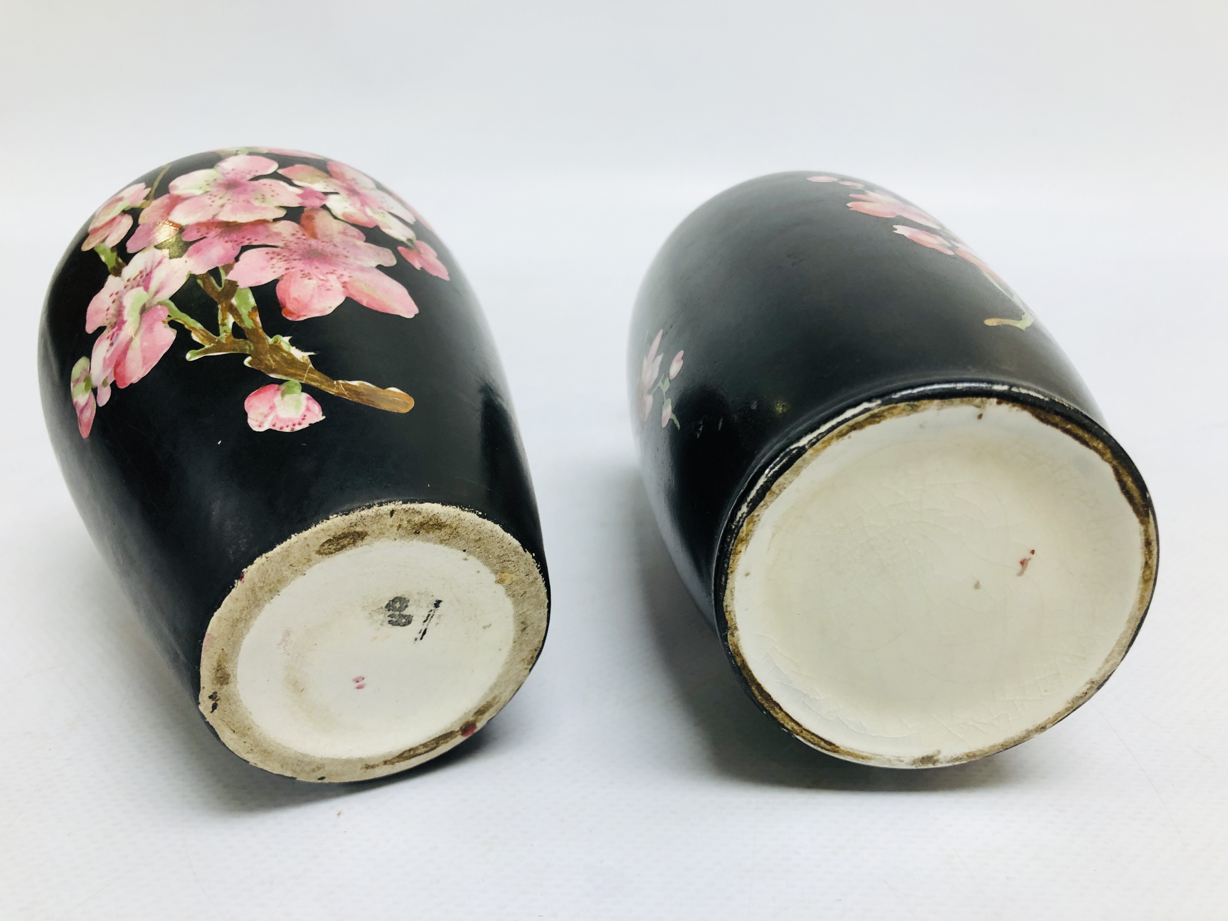 TWO SIMILAR STAFFORDSHIRE VASES DECORATED ON A BLACK GROUND WITH PRUNUS BLOSSOM, c. 1900. - Image 6 of 8