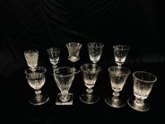 TEN VARIOUS VINTAGE GLASSES C19TH AND LATER INCLUDING A LATE GEORGIAN SHERRY WITH A HOBNAIL CUT