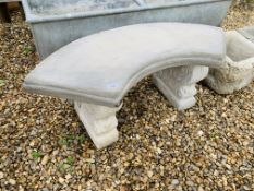 A CURVED SEAT CLASSICAL STONEWORK GARDEN BENCH LENGTH 103CM.