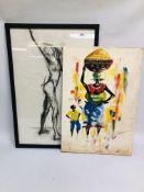 JOHN RICHES: A FEMALE NUDE, CHARCOAL, 79CM X 52CM ALONG WITH ADAMS: AFRICAN FIGURES, OIL ON CANVAS.