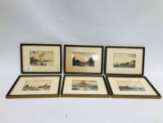 A COLLECTION OF 6 FRAMED AND MOUNTED WATERCOLOURS BY F.E.S ROVEN OF LAKE AND SEA SCAPE SCENES.