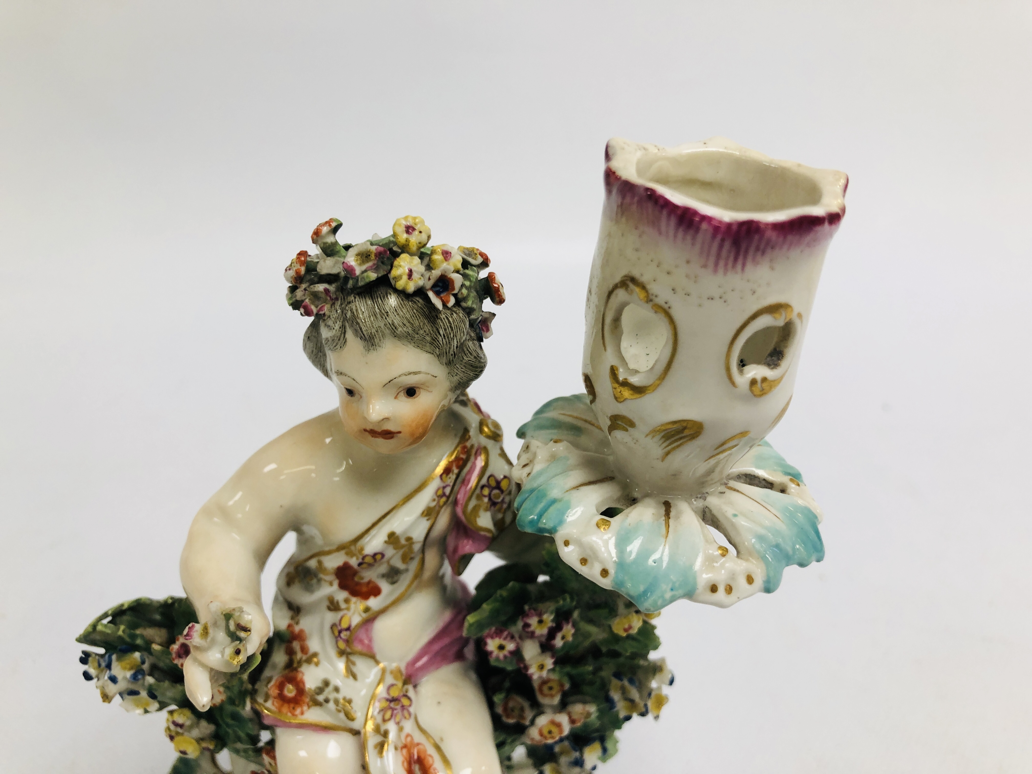 A PAIR OF DERBY FIGURAL CANDLESTICKS, THE SEATED BOY AND GIRL HOLDING A BASKET OF FLOWERS, H 17. - Image 14 of 24