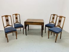 AN OAK DROP END PEMBROOK TABLE WITH DRAWER AND SET OF 4 EDWARDIAN INLAID DINING CHAIRS.