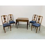 AN OAK DROP END PEMBROOK TABLE WITH DRAWER AND SET OF 4 EDWARDIAN INLAID DINING CHAIRS.