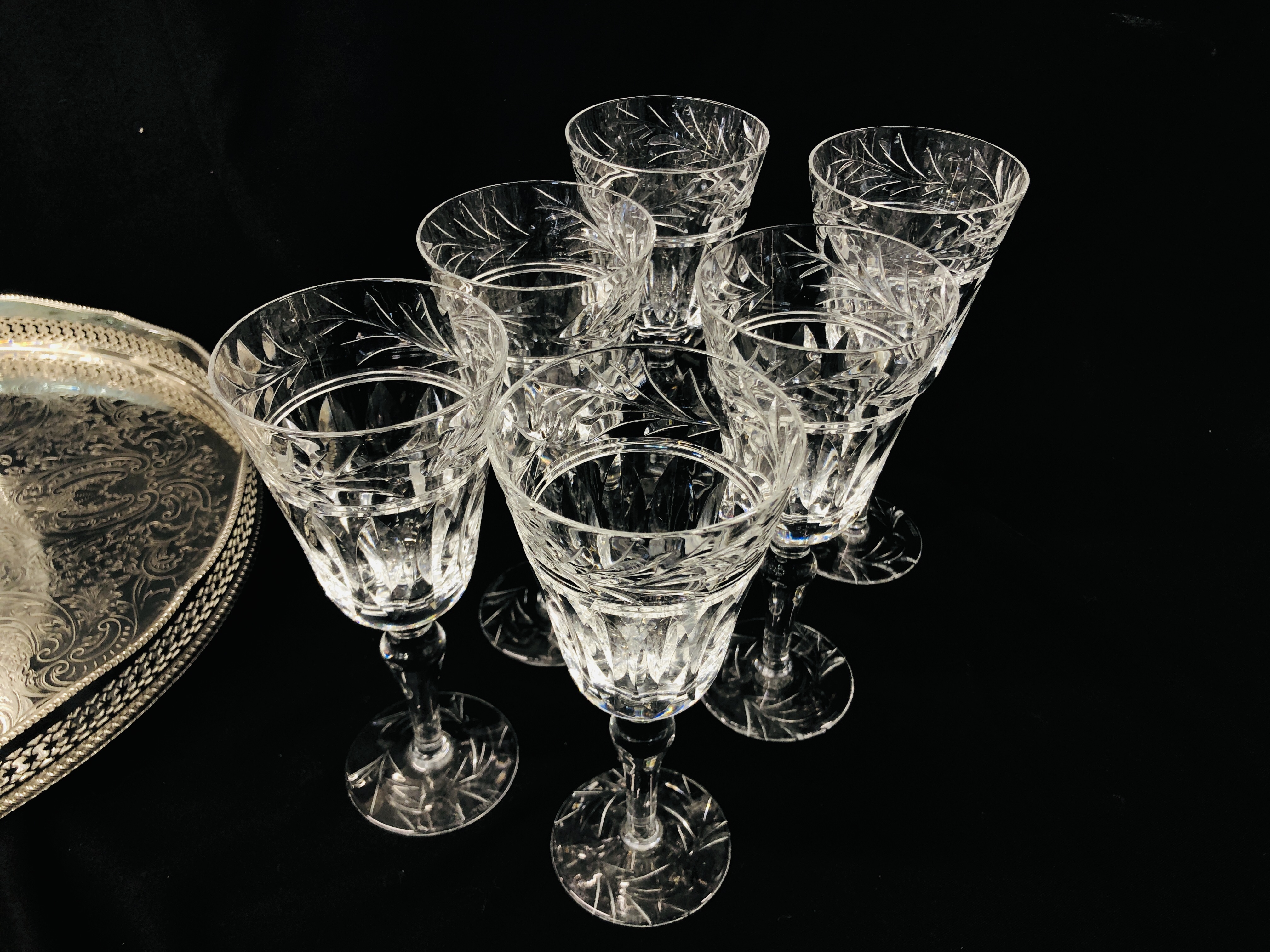 CIRCULAR SILVER PLATED TRAY MARKED "BARBER ELLIS" ALONG WITH A SET OF 6 STUART CUT GLASS WINE - Image 2 of 6