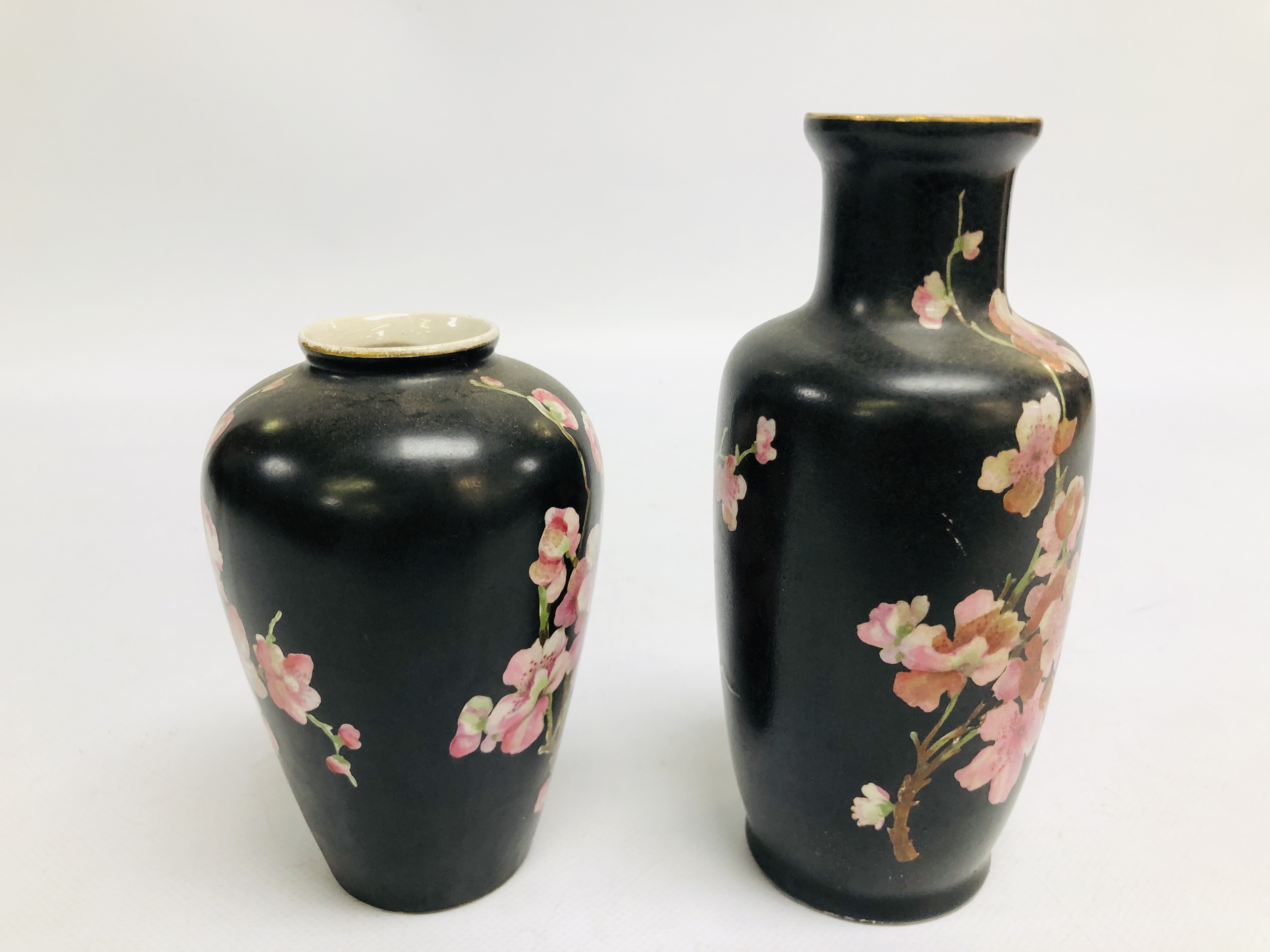 TWO SIMILAR STAFFORDSHIRE VASES DECORATED ON A BLACK GROUND WITH PRUNUS BLOSSOM, c. 1900. - Image 2 of 8