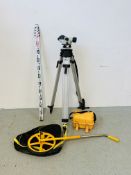 AN AL32 SITE LEVEL WITH SIZE STICK AND TRIPOD + TRUMETER MEASURING WHEEL.