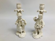 A PAIR OF DERBY FIGURAL CANDLESTICKS, EACH IN THE FORM OF A SEATED CHILD, SOME REPAIRS,
