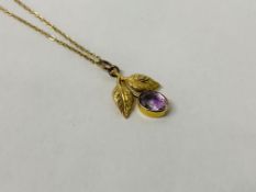 15CT. GOLD LEAF PENDANT SET WITH AN OVAL AMETHYST ON A FINE 9CT.