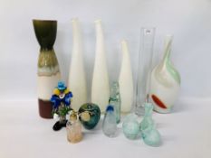 WEST GERMAN STYLE VASE ALONG WITH VARIOUS ART GLASS TO INCLUDE TALL ELEGANT WHITE VASES,