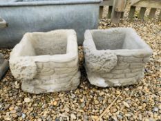 A PAIR OF SQUARE STONEWORK GARDEN PLANTERS 36 X 36 X 25CM.