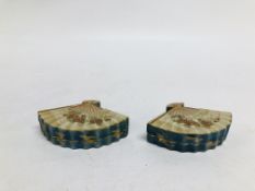 A PAIR OF LATE C19th JAPANESE MINIATURE PORCELAIN FAN SHAPED INCENSE BOXES AND COVERS.