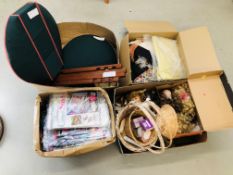 4 BOXES OF CRAFTS TO INCLUDE WICKER BASKETS, PORCELAIN DOLL PARTS AND CLOTHING,
