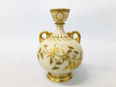 A ROYAL WORCESTER BLUSH GROUND VASE, THE TWIN HANDLED VASE WITH FLORAL GILT DECORATION, SHAPE NO.