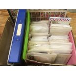BOX OF POSTAL MUSEUM POSTCARDS, ROYALTY ETC AND A FEW STAMPS, CRICKET COVERS ETC.