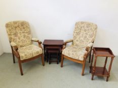 A PAIR OF HIGH SEAT EASY CHAIRS WITH PATTERNED UPHOLSTERY ALONG WITH A NEST OF THREE GRADUATED