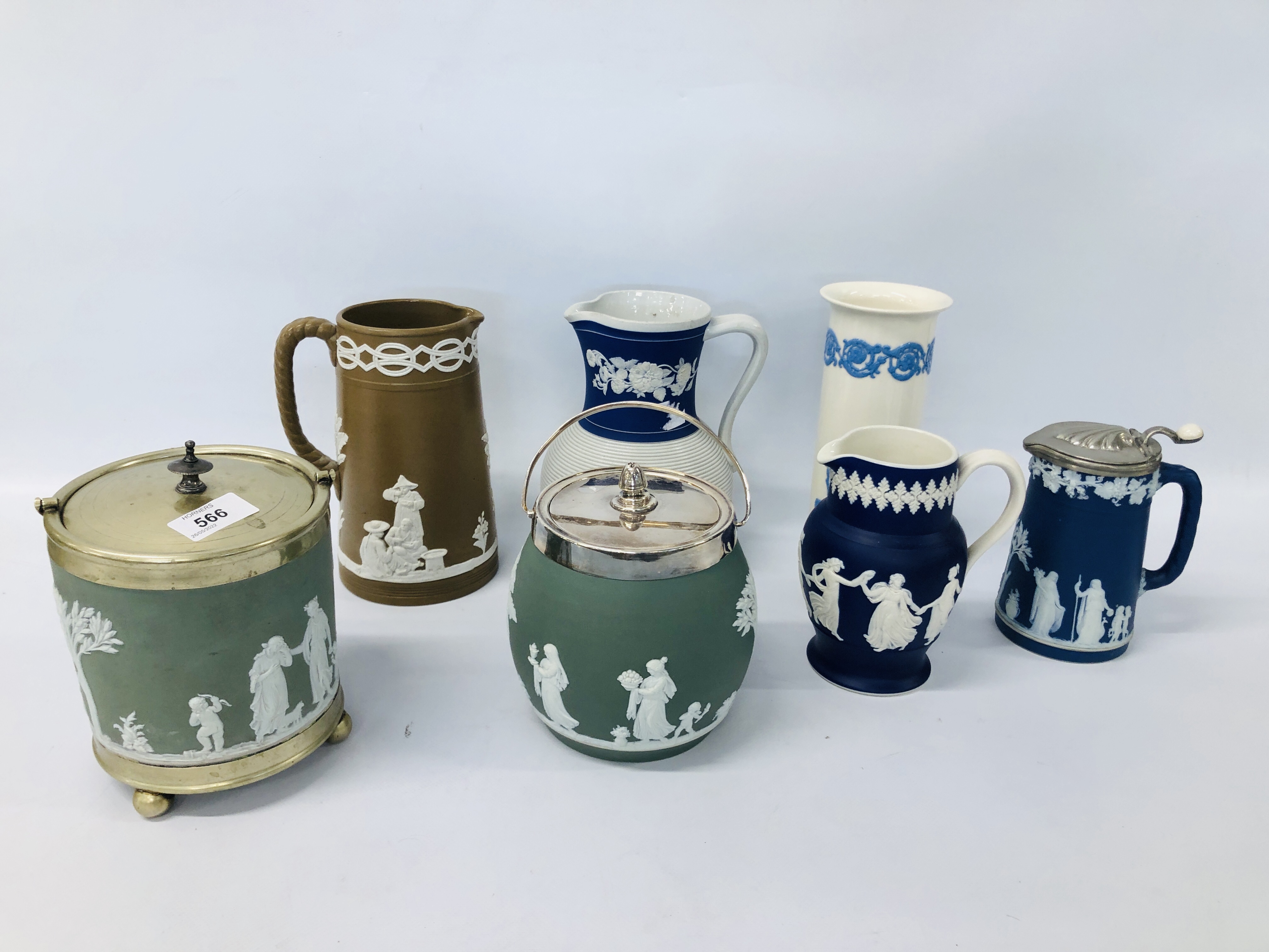 COLLECTION OF VINTAGE JASPERWARE AND WEDGWOOD ITEMS TO INCLUDE BISCUIT BARRELS, JUGS ETC.