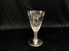 AN ELIZABETH II CORONATION COMMEMORATIVE AIR TWIST GLASS BY WHITEFRYERS H 20.5CM.