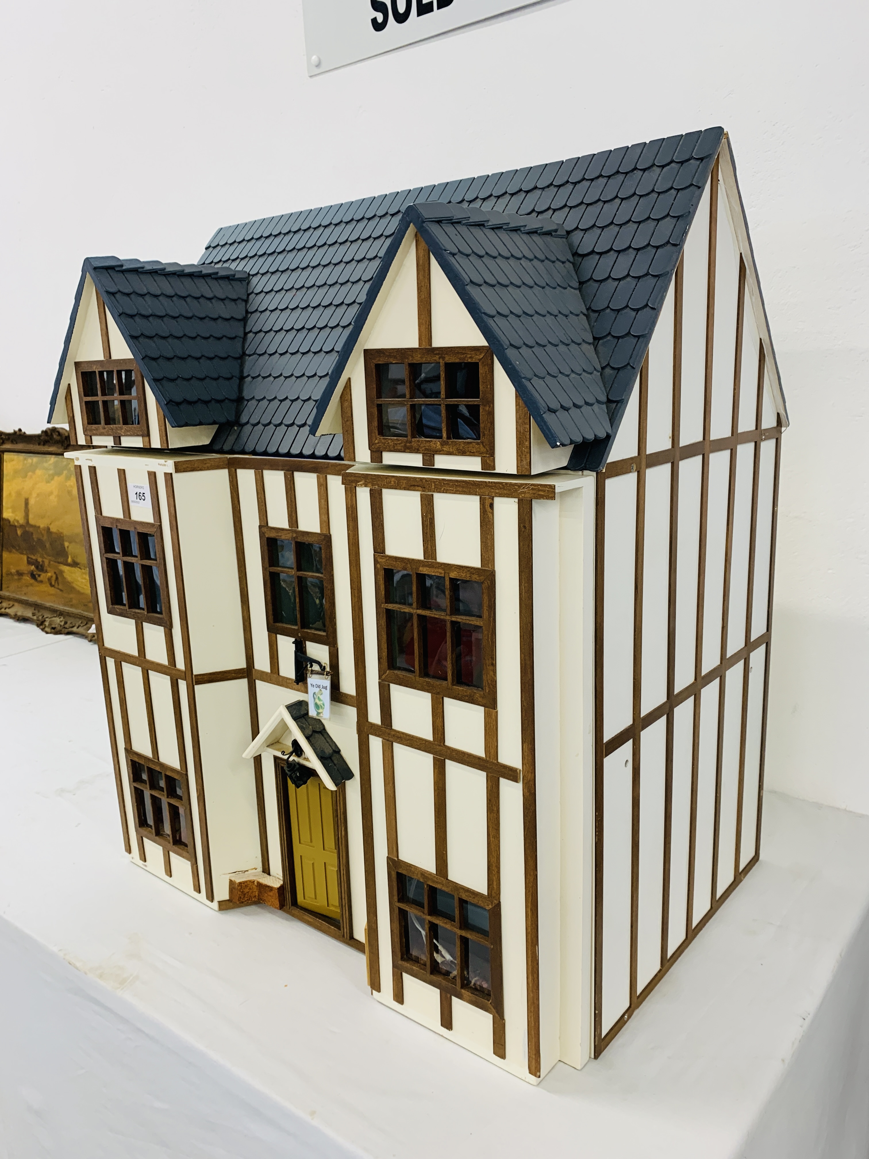 THREE STOREY DOLLS HOUSE ALONG WITH VARIOUS MINIATURE DOLLS HOUSE FURNITURE H 69CM, W 59CM, D 42CM. - Image 2 of 12