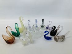 COLLECTION OF ART GLASS SWANS, DOLPHIN AND OTHER ANIMAL.