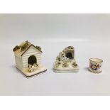 A C19th STAFFORDSHIRE MODEL OF A SPANIEL PUPPY IN KENNEL, ALONG WITH A MINIATURE MODEL OF SPANIELS,