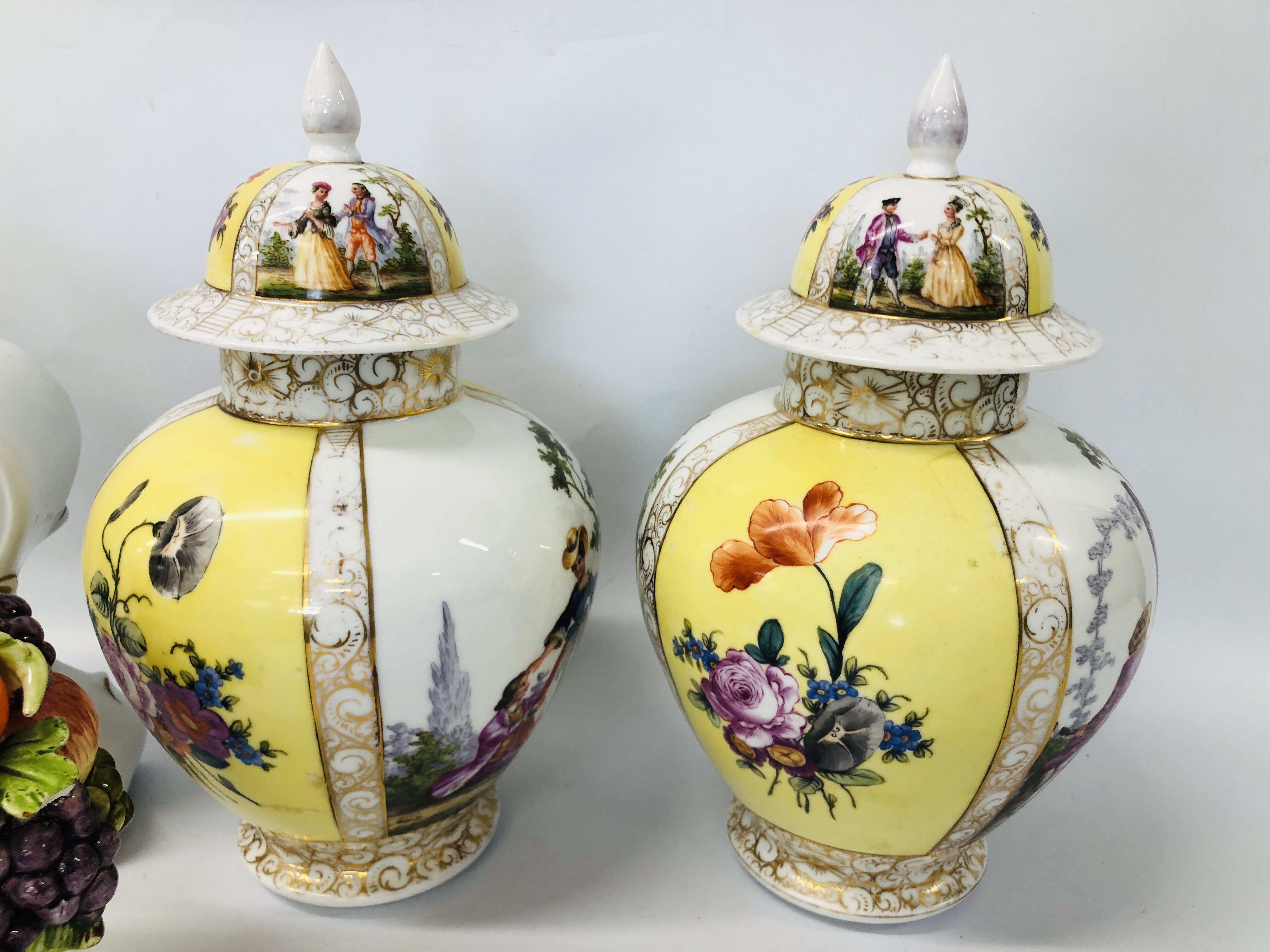 PAIR OF DECORATIVE CONTINENTAL LIDDED URNS, DECORATED WITH CLASSICAL FIGURES AND FLOWER, - Image 4 of 12