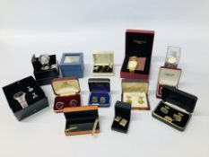 BOX OF BOXED WATCHES (5 IN TOTAL) + BOX OF VINTAGE BOXED CUFF LINKS.