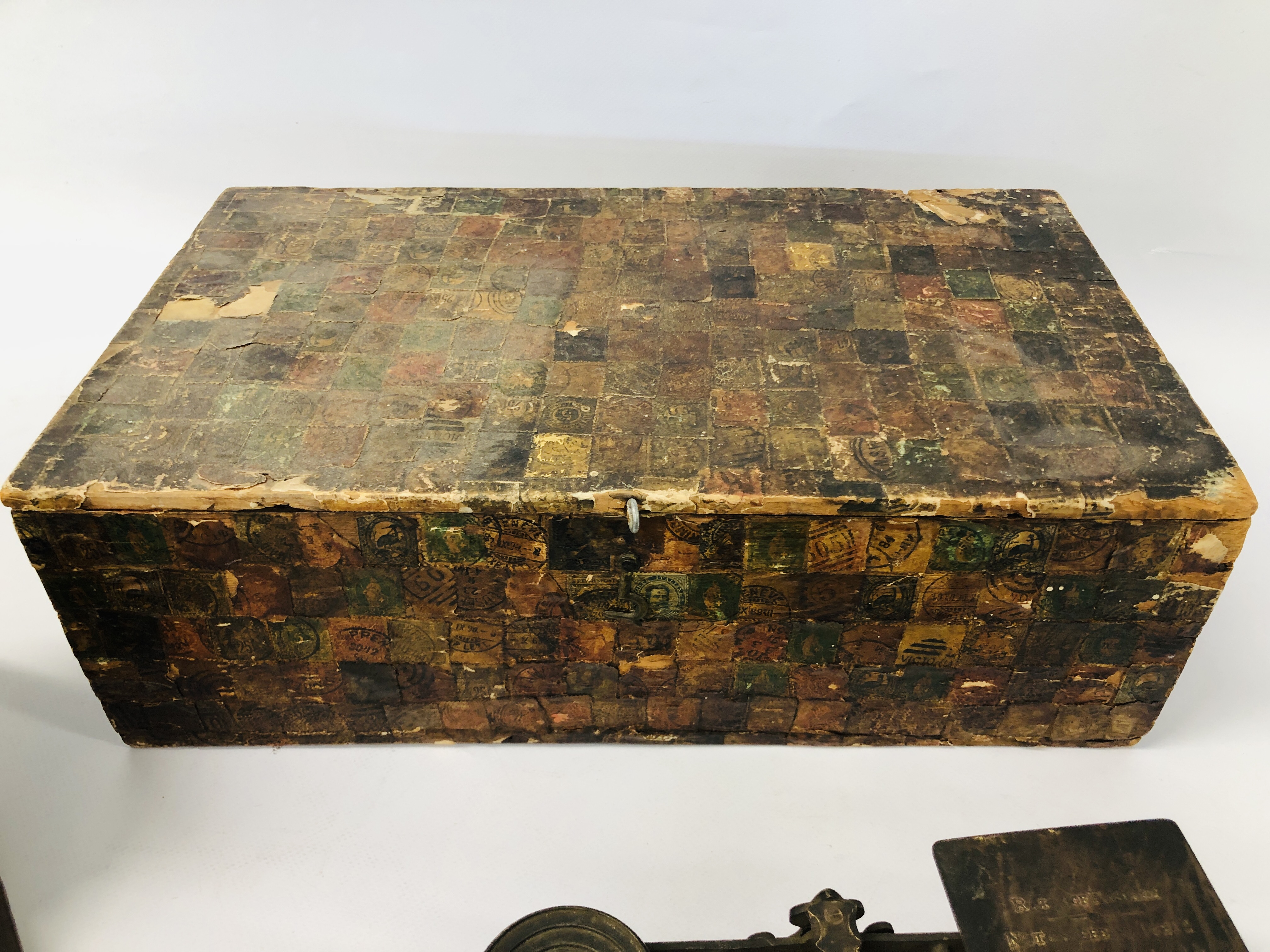 WOODEN BOX COVERED IN POSTAGE STAMPS, VINTAGE BRASS SCALES, BRASS BOUND BRANDY BARREL, - Image 10 of 13