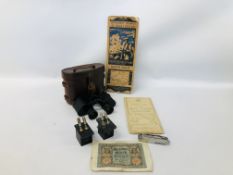 MIXED VINTAGE COLLECTIBLES TO INCLUDE LEATHER BINOCULARS CASE, CONTAINING W.