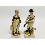 A LATE C18th STAFFORDSHIRE PEARLWARE FIGURE OF A HUNTSMAN AND DOG, ON A SQUARE BASE,