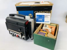 A 8MM CHINON SOUND 8000 PROJECTOR ALONG WITH VARIOUS FILMS - SOLD AS SEEN.