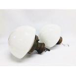 A PAIR OF VINTAGE COPPER AND OPAQUE GLASS DOMED CEILING LIGHTS (GLASS ON ONE HAS A FLAW/CRACK) -