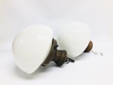 A PAIR OF VINTAGE COPPER AND OPAQUE GLASS DOMED CEILING LIGHTS (GLASS ON ONE HAS A FLAW/CRACK) -