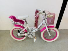 A CHILDS PINK AND WHITE BIKE ALONG WITH STABILIZERS - SOLD AS SEEN