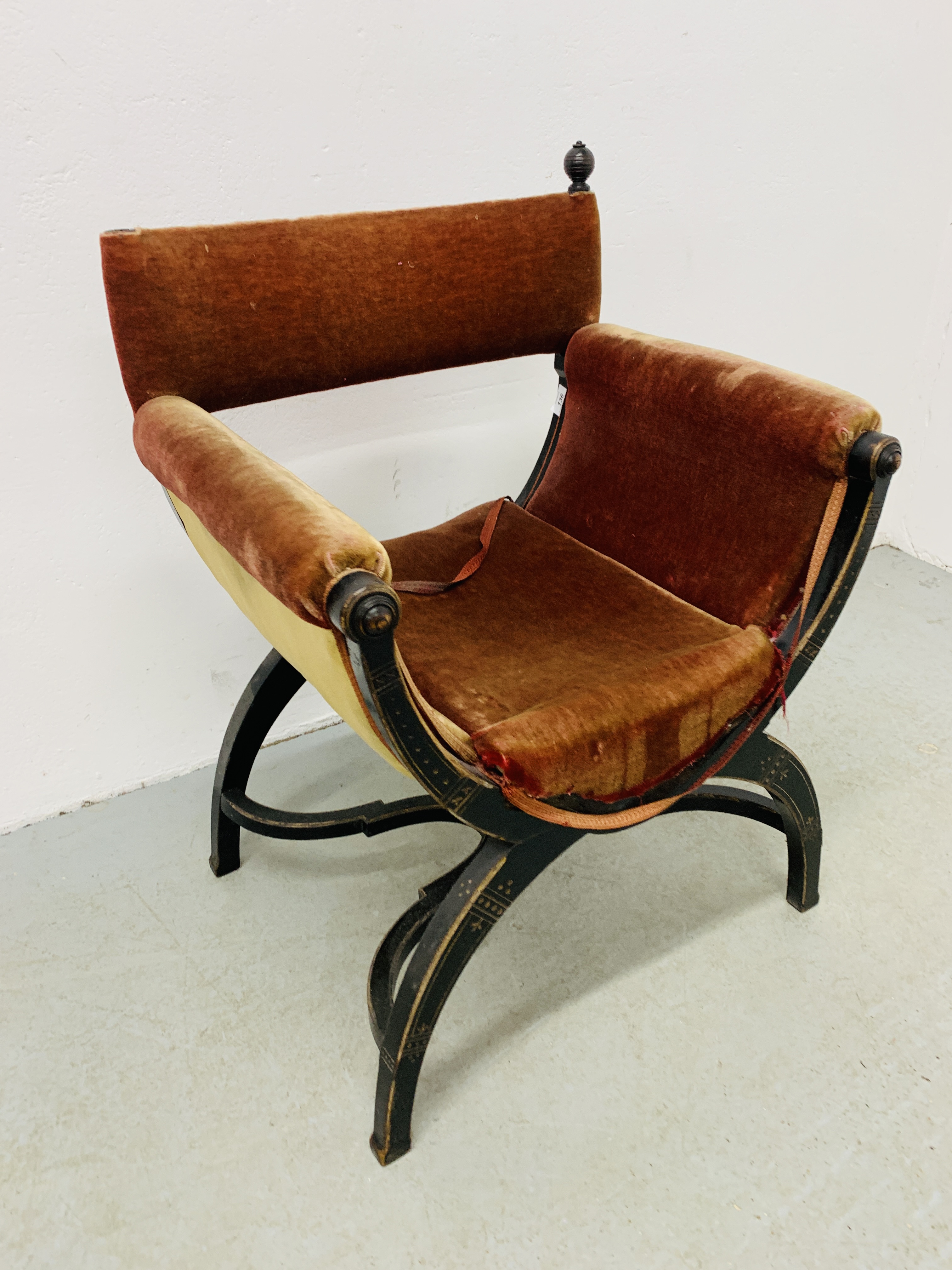 A C19TH EBONISED 'X' FRAME ARMCHAIR, - Image 2 of 9