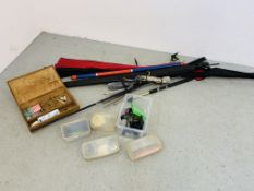 QUANTITY OF FISHING ACCESSORIES TO INCLUDE RODS, ROD RESTS, REELS, LANDING NET AND SPINNERS PLUGS,