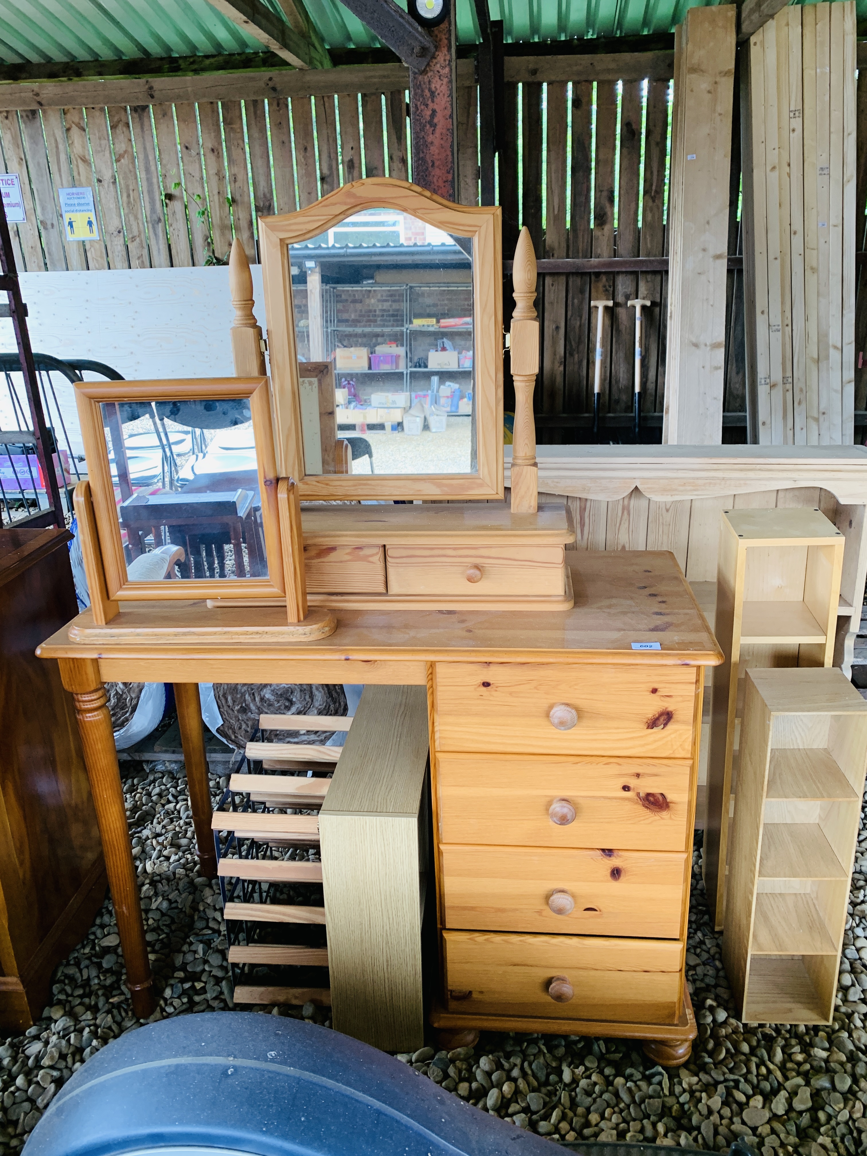 HONEY PINE 4 DRAWER DRESSING TABLE ALONG WITH A FREE STANDING MIRROR, WINE RACK,